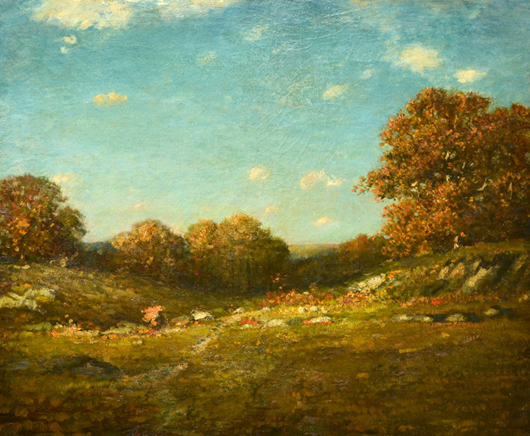 Samuel Lancaster Gerry (American, 1813-1891), Autumn in New England, oil on canvas. Provenance: Label on verso shows name of original owner ‘Hugo Bullock Esq. 120 Broadway NYC, NY’ and is signed ‘Samuel Lancaster Gerry.’ Image courtesy of Trinity International Auctions.